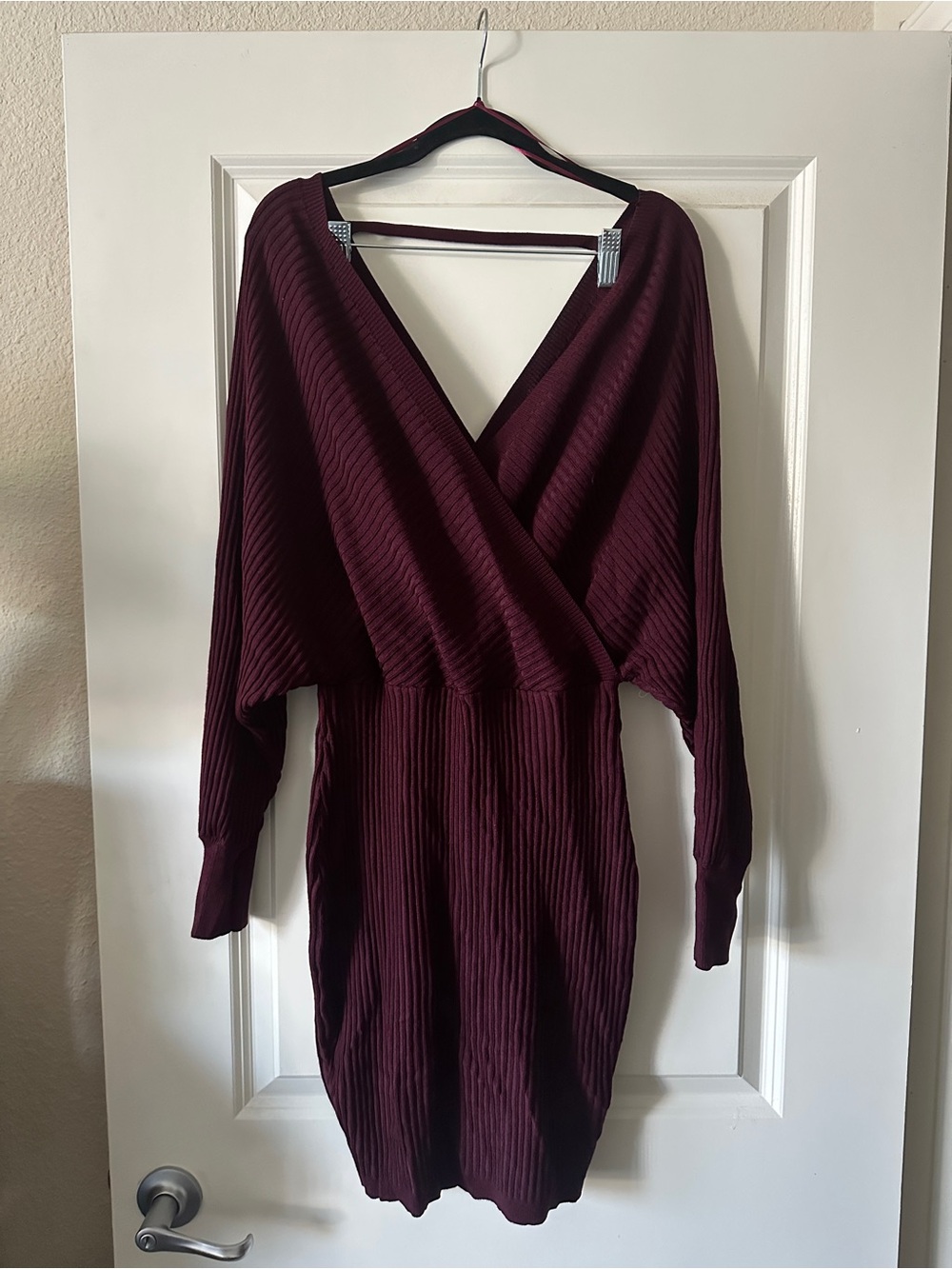 Fashion Nova Burgundy Ribbed Wrap-Front Sweater Dress